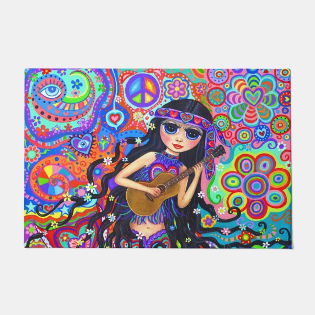 Cute Mermaid Doll Hippie Chick Guitar Big Eyes Doormat (Front)