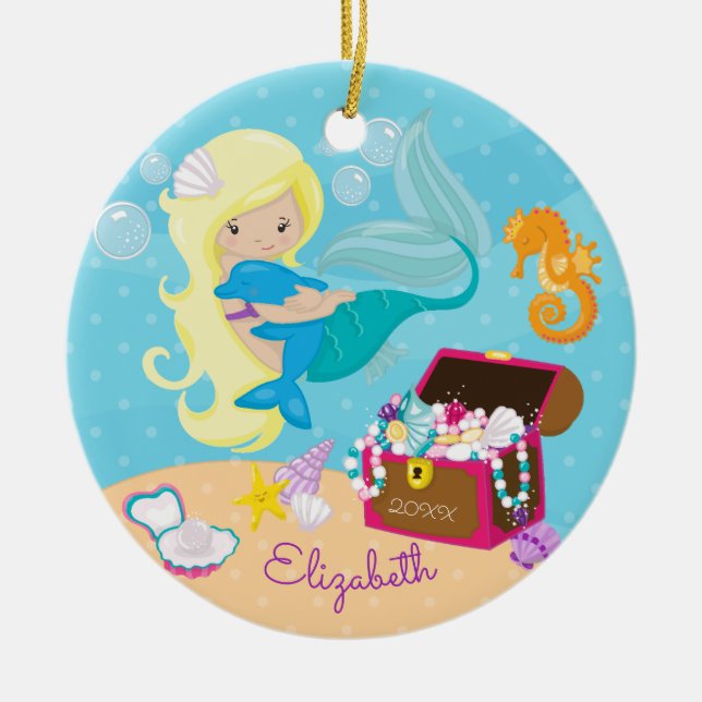 Cute Mermaid & Dolphin Christmas Ornament (Front)