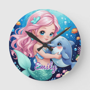 Cute Mermaid & Dolphin Wall Clock – Editable Name