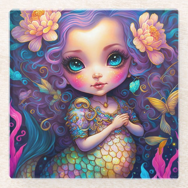 Cute Mermaid Fantasy Art Glass Coaster (Front)