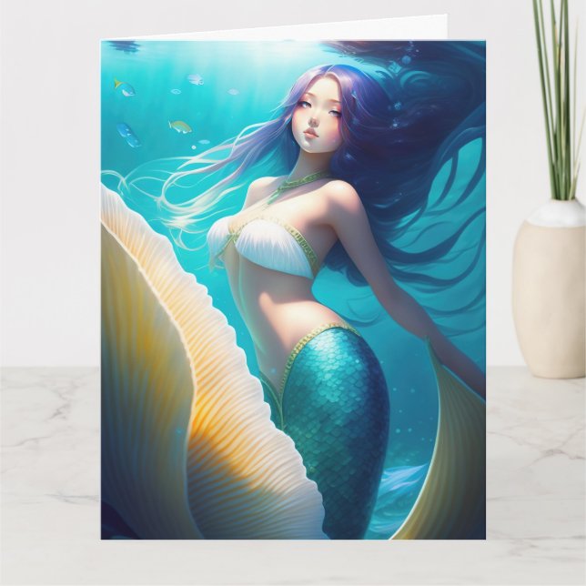 CUTE MERMAID GIRL ART BLANK GREETING CARDS (Front)