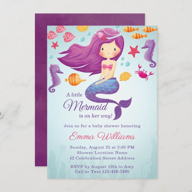 Cute Mermaid Girl Baby Shower Invitation - Purple (Front/Back)