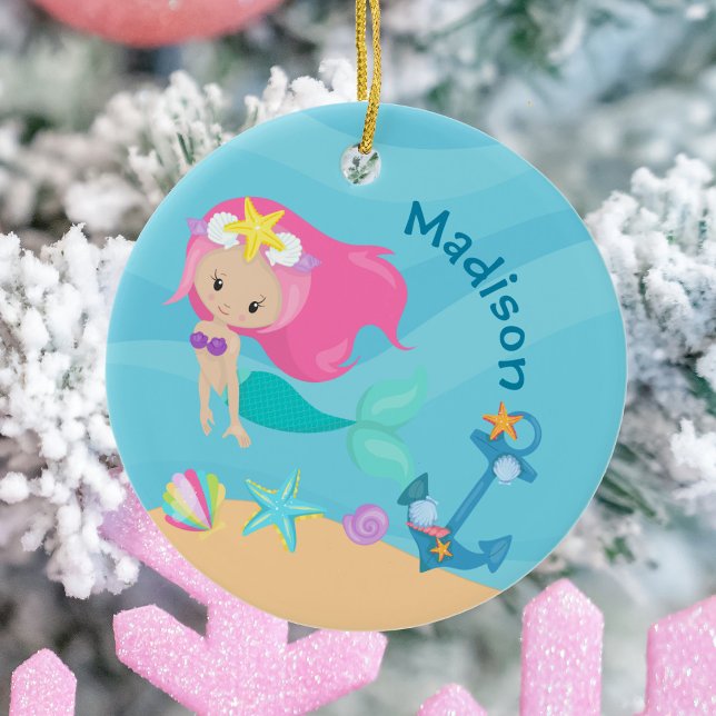Cute Mermaid Girl Beach Birthday Party Custom Ceramic Tree Decoration (Creator Uploaded)