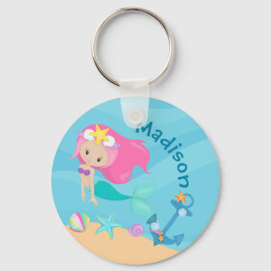 Cute Mermaid Girl Beach Birthday Party Custom Key Ring