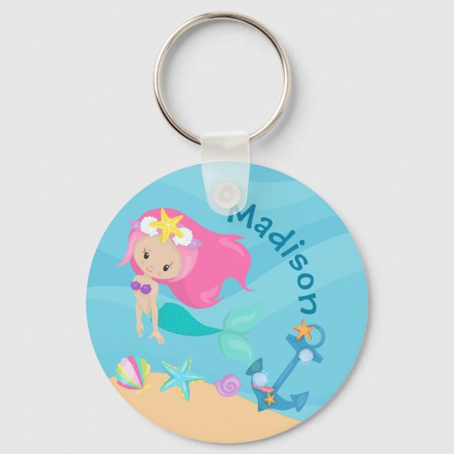 Cute Mermaid Girl Beach Birthday Party Custom Key Ring (Front)