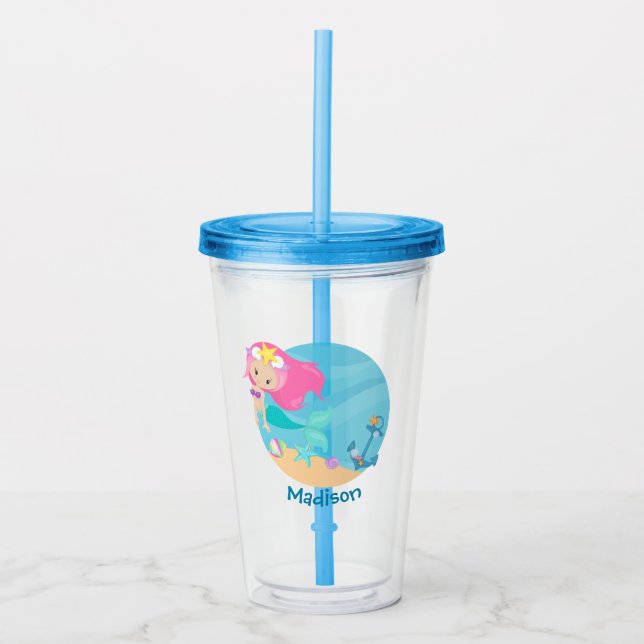 Cute Mermaid Girl Beach Birthday Party Custom Kids Acrylic Tumbler (Front)