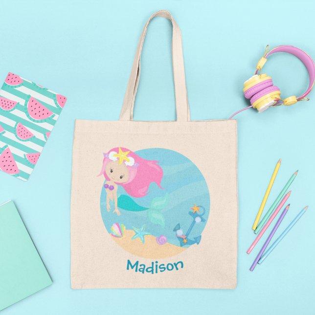 Cute Mermaid Girl Beach Birthday Party Custom Tote Bag (Creator Uploaded)