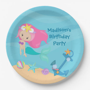 Cute Mermaid Girl Beach Custom Kid Birthday Party Paper Plate