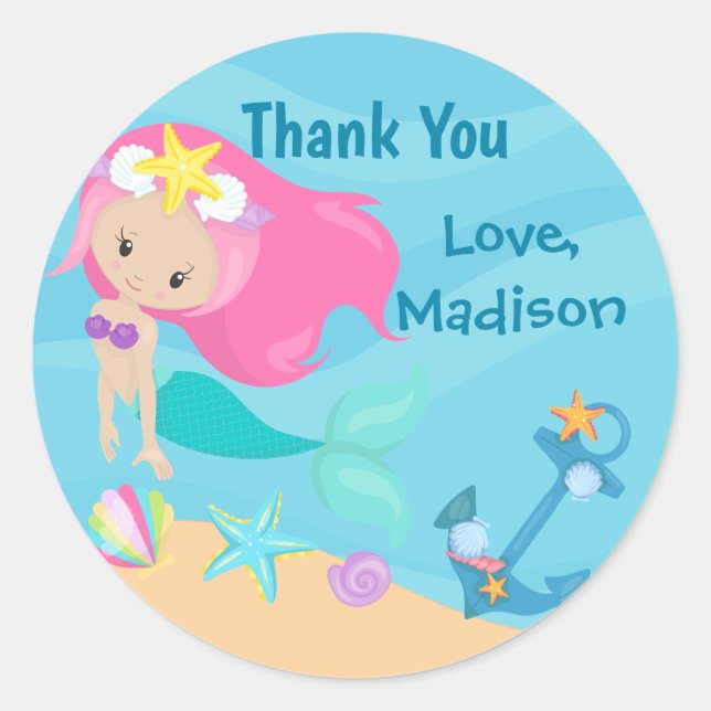Cute Mermaid Girl Beach Custom Kids Birthday Party Classic Round Sticker (Front)