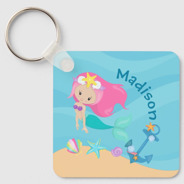 Cute Mermaid Girl Beach Custom Kids Key Ring (Front)