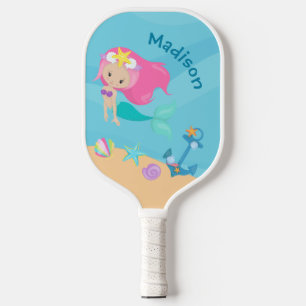 Cute Mermaid Girl Beach Personalised Kids Seaside Pickleball Paddle