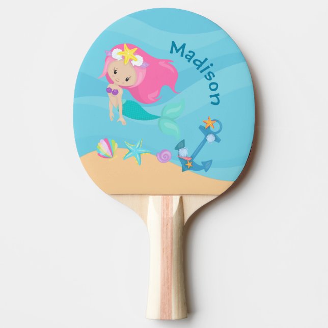 Cute Mermaid Girl Beach Personalised Kids Summer Ping Pong Paddle (Front)