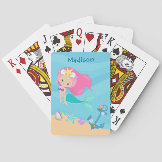 Cute Mermaid Girl Beach Personalised Kids Summer Playing Cards (Back)