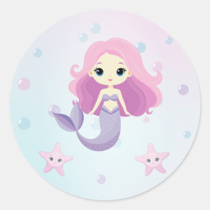 Cute Mermaid Girl Birthday Party Classic Round Sticker