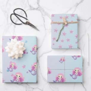 Cute Mermaid Girl Birthday Party Wrapping Paper Sheet