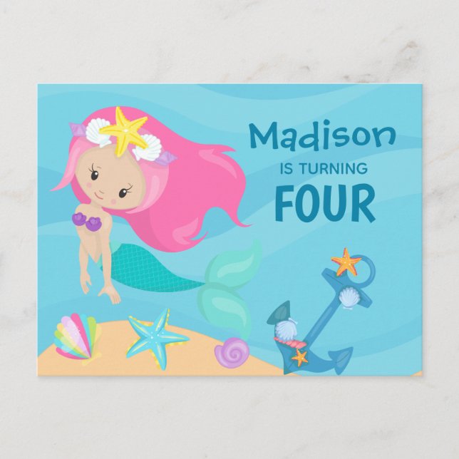 Cute Mermaid Girl Custom Birthday Party Invitation Postcard (Front)