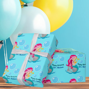 Cute Mermaid Girl Custom Birthday Wrapping Paper