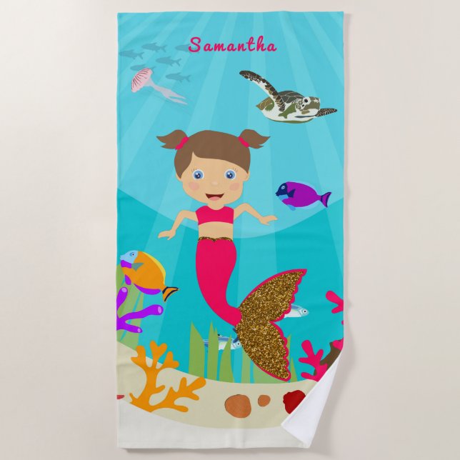 Cute Mermaid Girl in Colourful Ocean Beach Towel (Front)