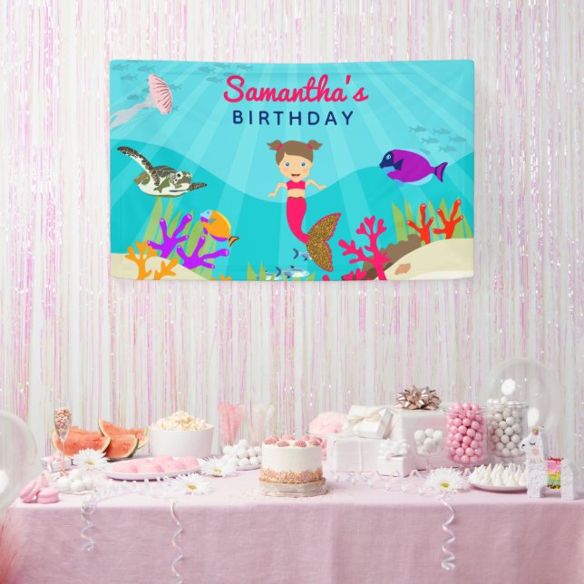Cute Mermaid Girl in Colourful Ocean Girl Birthday Banner (Party)
