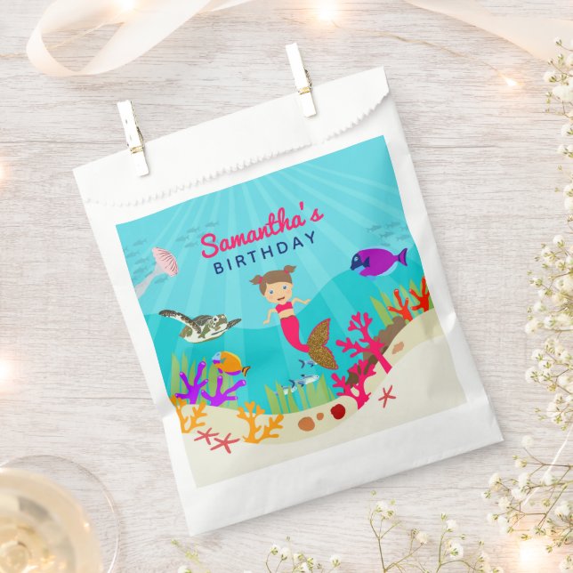 Cute Mermaid Girl in Colourful Ocean Girl Birthday Favour Bags (Clipped)