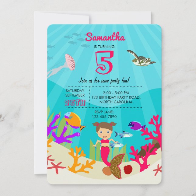 Cute Mermaid Girl in Colourful Ocean Girl Birthday Invitation (Front)
