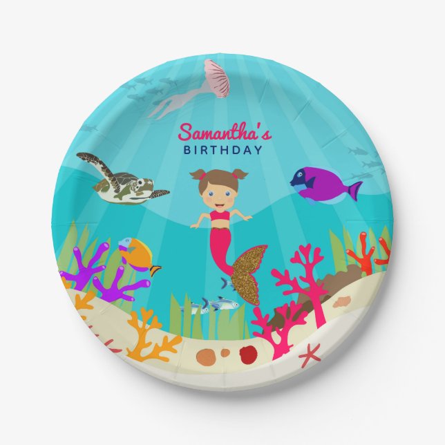 Cute Mermaid Girl in Colourful Ocean Girl Birthday Paper Plate (Front)