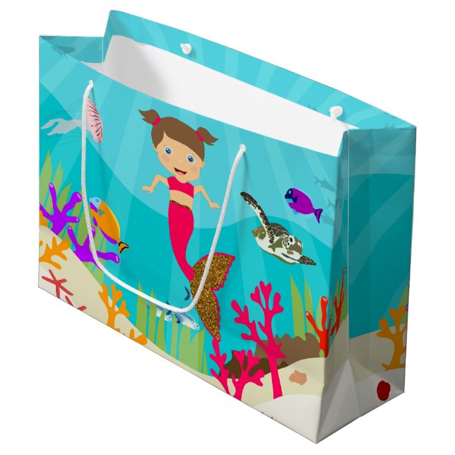 Cute Mermaid Girl in Colourful Ocean Large Gift Bag (Front Angled)