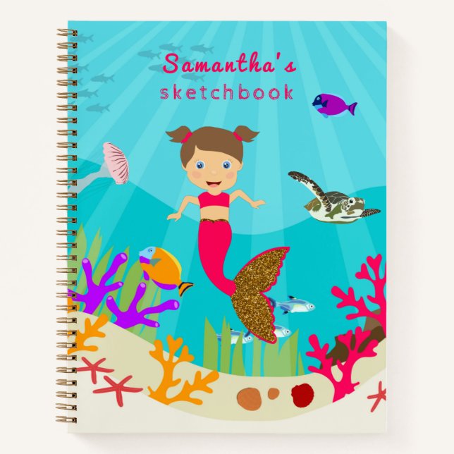 Cute Mermaid Girl in Colourful Ocean Sketchbook Notebook (Front)