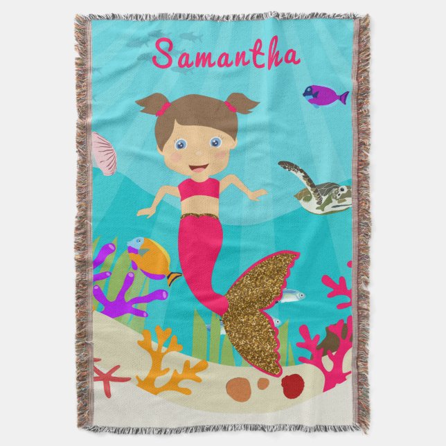 Cute Mermaid Girl in Colourful Ocean Throw Blanket (Front Vertical)