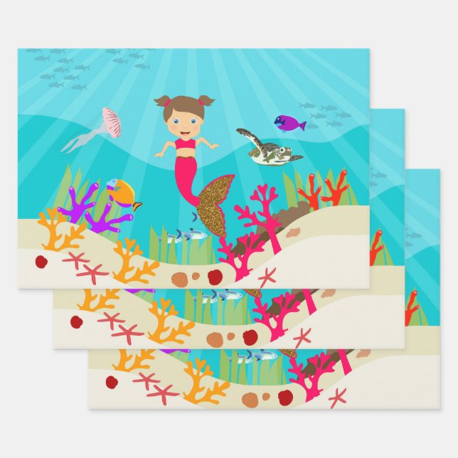 Cute Mermaid Girl in Colourful Ocean Wrapping Paper Sheet (Set)