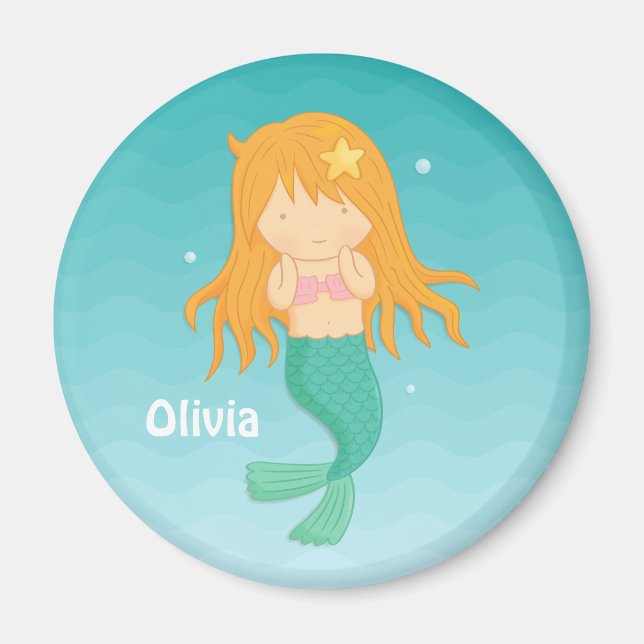 Cute Mermaid Girl, Kids Personalised Magnet (Front)