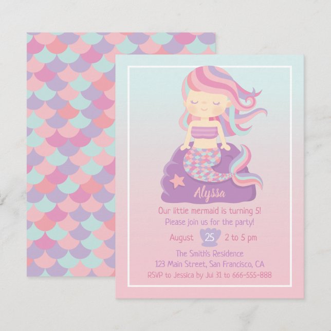 Cute Mermaid Girl Ombre Birthday Party Invitations (Front/Back)