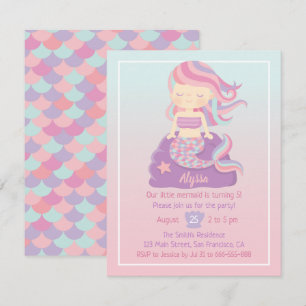 Cute Mermaid Girl Ombre Birthday Party Invitations