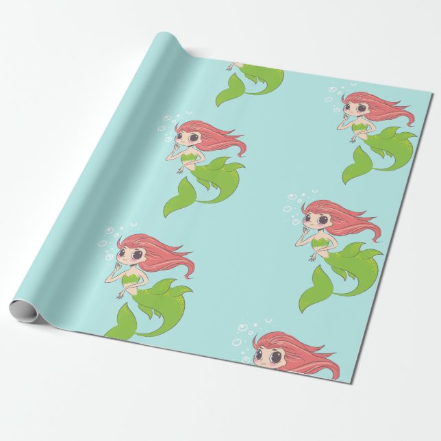 Cute Mermaid Girl on Blue with Bubbles Wrapping Paper (Unrolled)