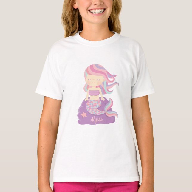 Cute Mermaid Girl on Purple Rock Name Tee (Front)