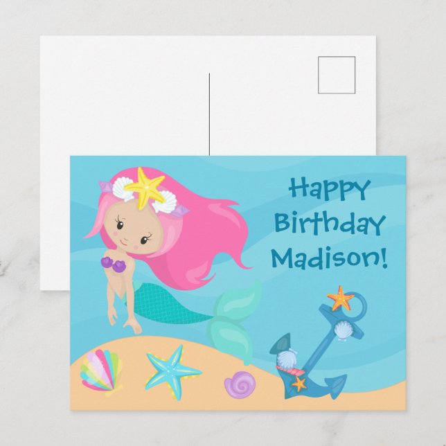 Cute Mermaid Girl Personalised Kids Happy Birthday Postcard (Front/Back)