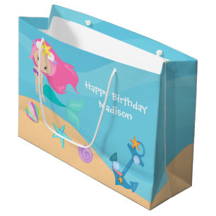 Cute Mermaid Girl Personalised Summer Birthday Large Gift Bag