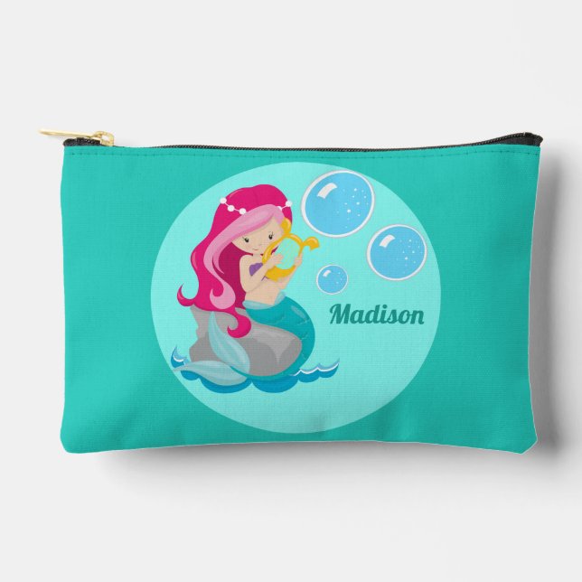 Cute Mermaid Girl Personalised Teal Kids Accessory Pouch (Front)