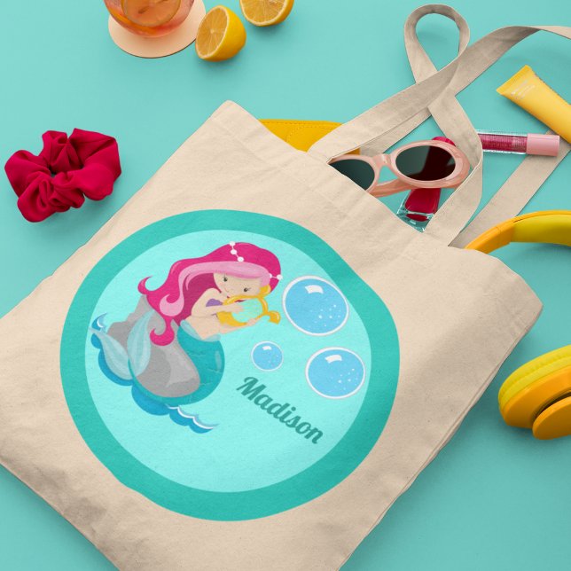 Cute Mermaid Girl Personalised Teal Kids Tote Bag (Creator Uploaded)