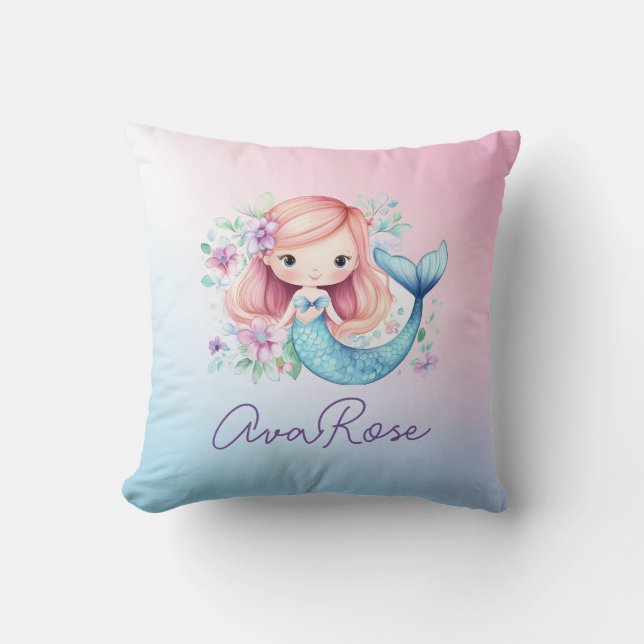 Cute Mermaid Girls Personalised Nursery Cushion (Front)