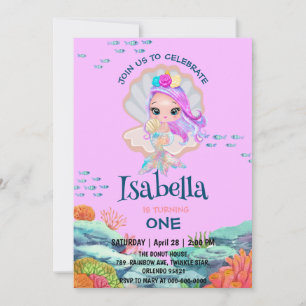 Cute Mermaid glitter pearl Rainbow Birthday party Invitation