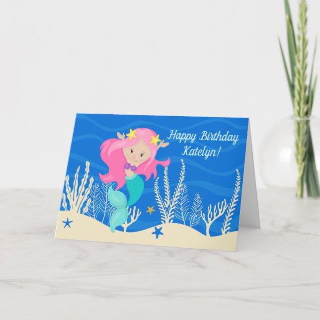 Cute Mermaid Happy Birthday Custom Kids Blue Card (Front)
