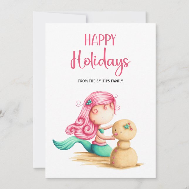 Cute Mermaid Happy Holidays Holiday Card (Front)