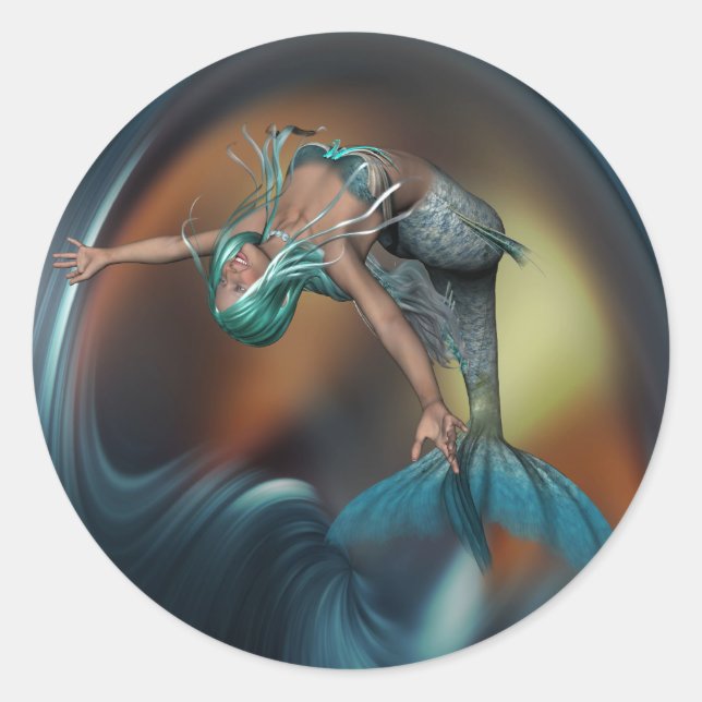 Cute Mermaid Joyfully Swimming  Classic Round Sticker (Front)