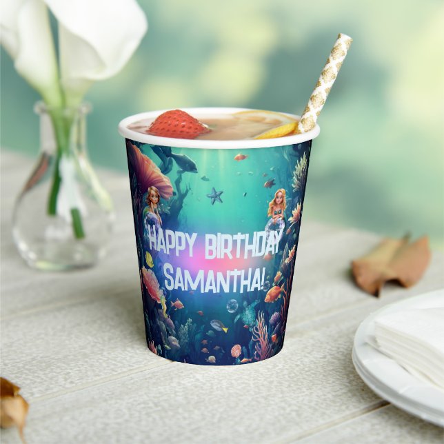 Cute Mermaid Kid Birthday Party Invitation Paper Cups (Insitu)
