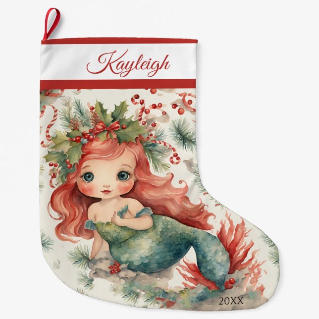 Cute Mermaid  Large Christmas Stocking (Front)