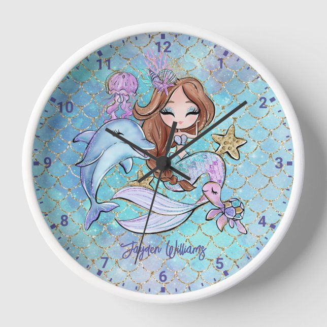 Cute Mermaid Light Brown Hair Custom Girl Bedroom Clock (Front)