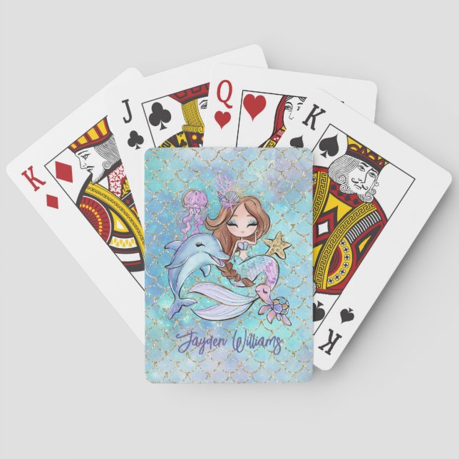 Cute Mermaid Light Brown Hair Custom Girl Birthday Playing Cards (Back)