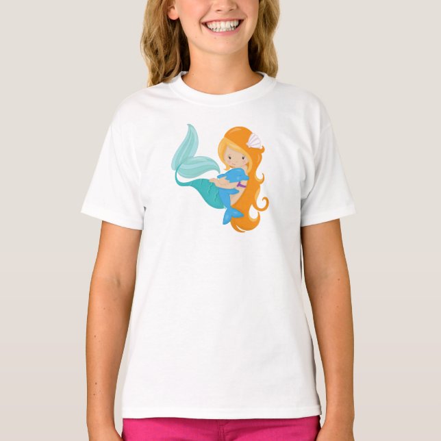Cute Mermaid, Little Mermaid, Orange Hair, Dolphin T-Shirt (Front)
