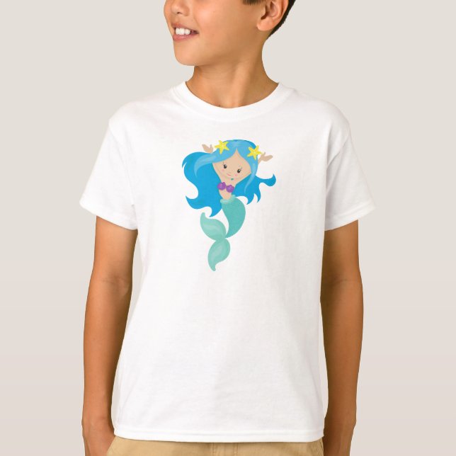 Cute Mermaid, Little Mermaid, Starfish, Blue Hair T-Shirt (Front)